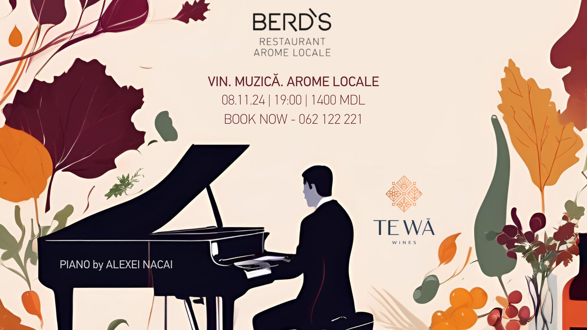 Cină în stil VIN.MUZICĂ.AROME LOCALE | TEWA Winery | Chef Alexei | Piano Performance de Alexei Nacai